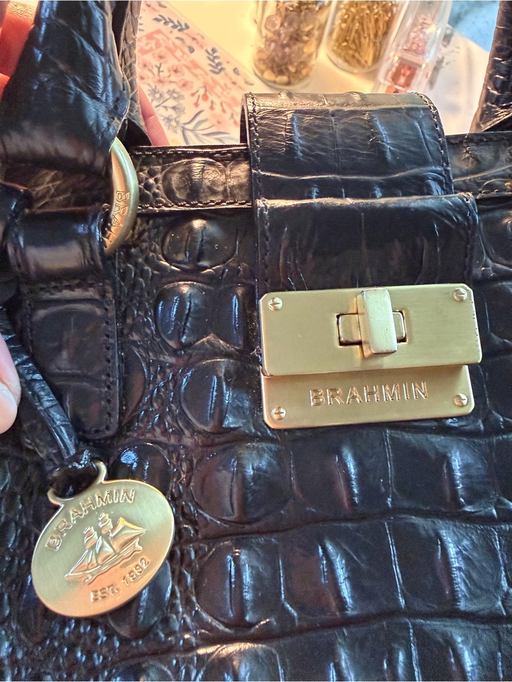 Brahmin Black Croc-Embossed Satchel with Gold Hardware - Picture 4 of 7